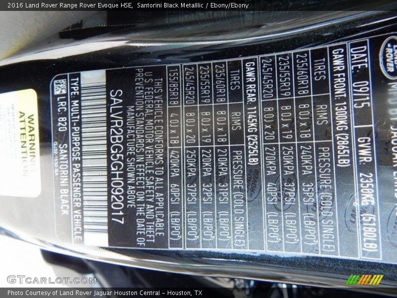 2016 Range Rover Evoque HSE Santorini Black Metalllic Color Code 820