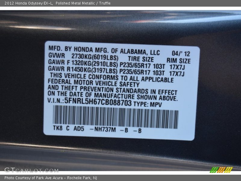Polished Metal Metallic / Truffle 2012 Honda Odyssey EX-L