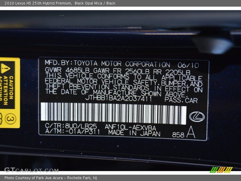 Black Opal Mica / Black 2010 Lexus HS 250h Hybrid Premium