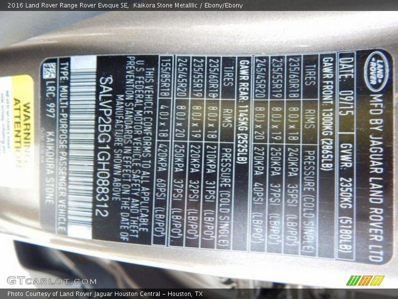 2016 Range Rover Evoque SE Kaikora Stone Metalllic Color Code 997