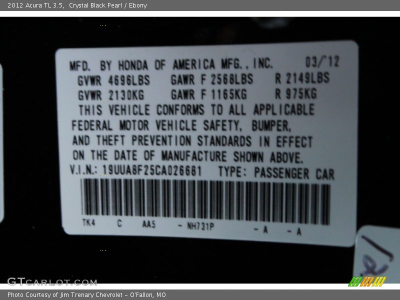 Crystal Black Pearl / Ebony 2012 Acura TL 3.5