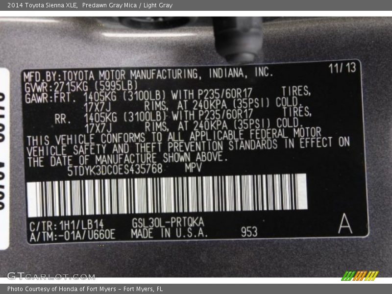 Predawn Gray Mica / Light Gray 2014 Toyota Sienna XLE