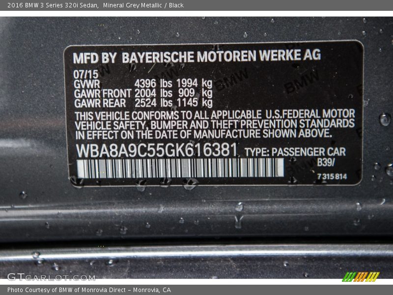 2016 3 Series 320i Sedan Mineral Grey Metallic Color Code B39