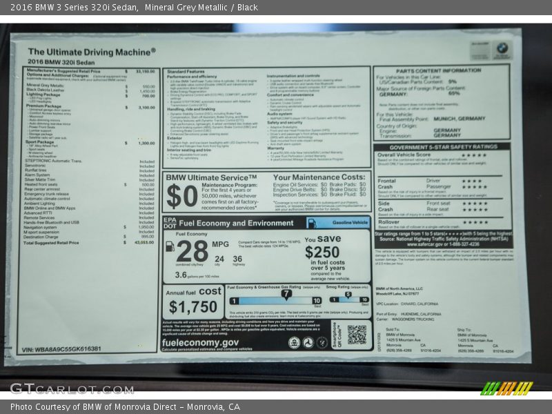  2016 3 Series 320i Sedan Window Sticker