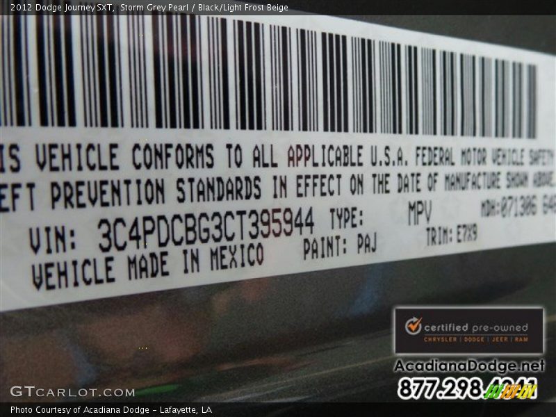 Storm Grey Pearl / Black/Light Frost Beige 2012 Dodge Journey SXT