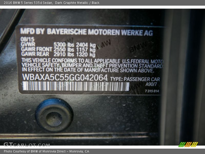 2016 5 Series 535d Sedan Dark Graphite Metallic Color Code A90