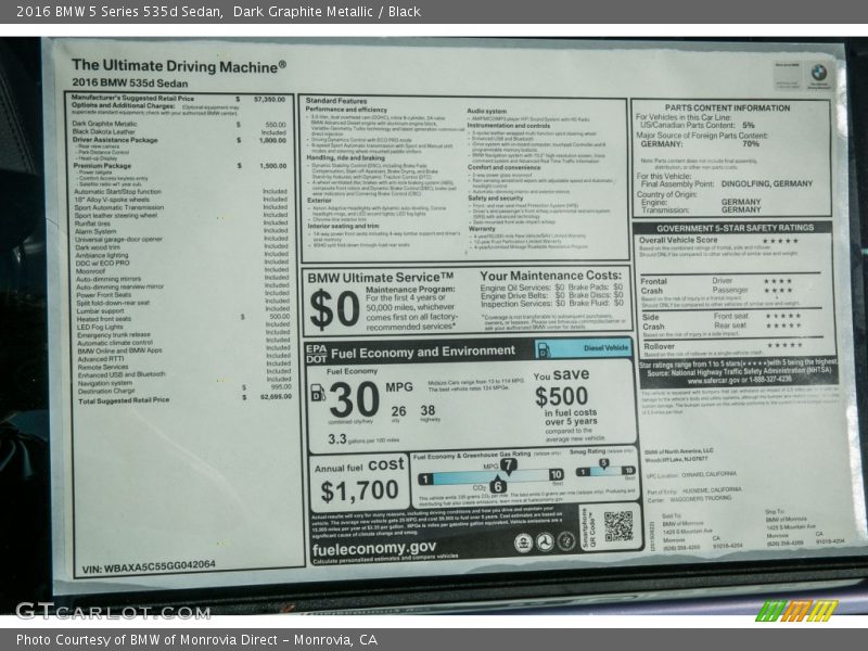 Dark Graphite Metallic / Black 2016 BMW 5 Series 535d Sedan