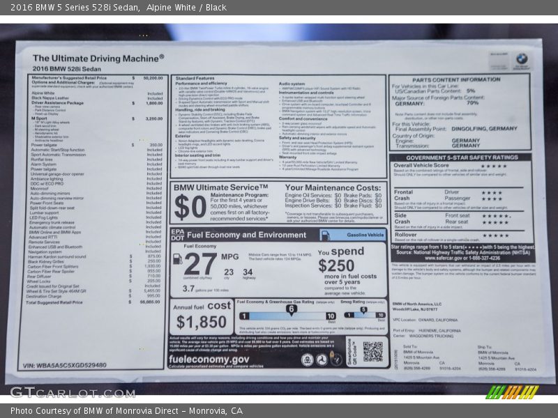  2016 5 Series 528i Sedan Window Sticker