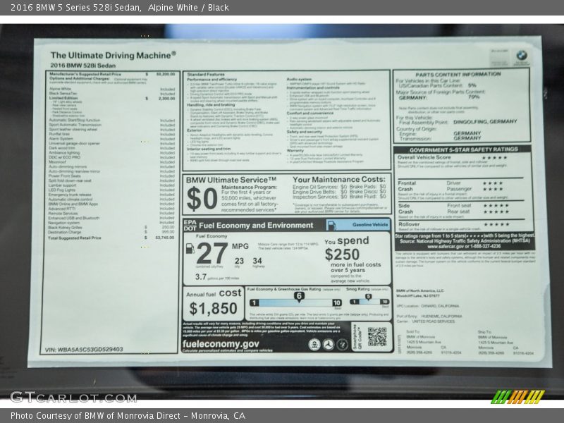 Alpine White / Black 2016 BMW 5 Series 528i Sedan