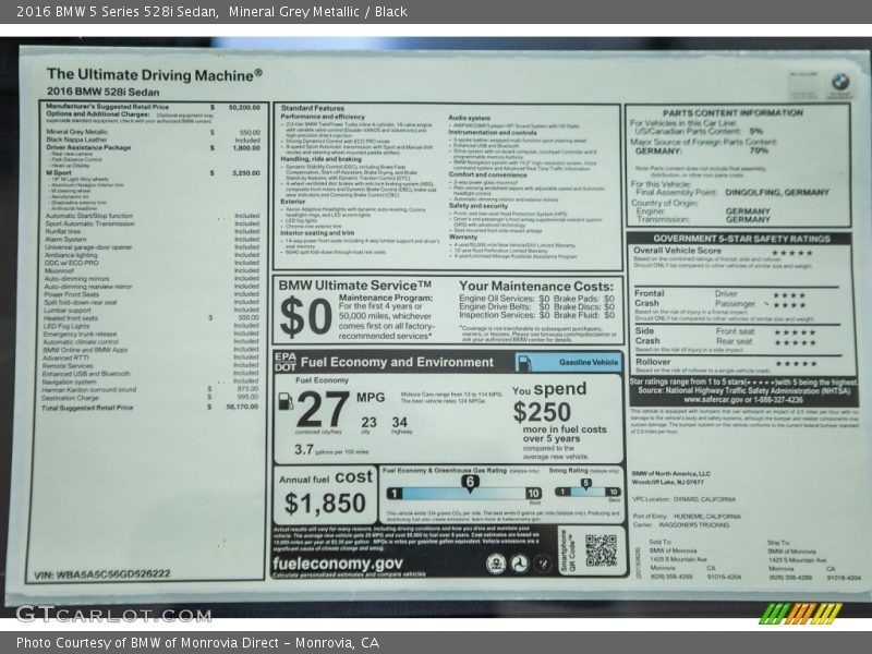 Mineral Grey Metallic / Black 2016 BMW 5 Series 528i Sedan