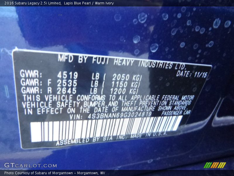 Lapis Blue Pearl / Warm Ivory 2016 Subaru Legacy 2.5i Limited