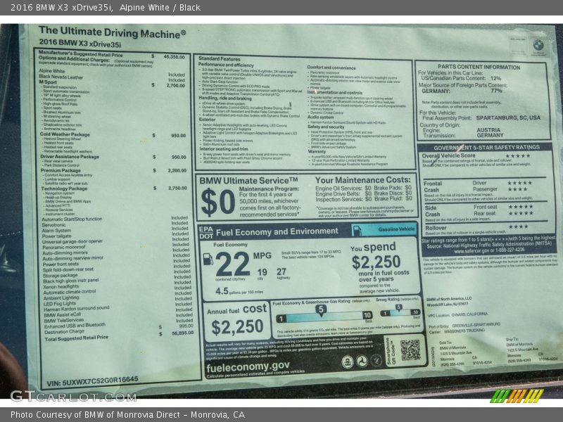 Alpine White / Black 2016 BMW X3 xDrive35i