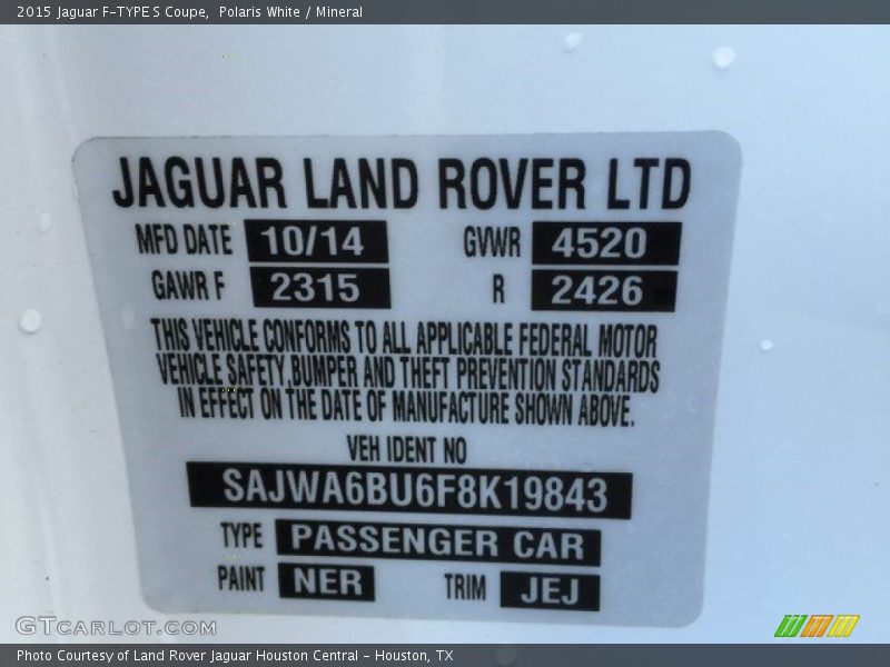 2015 F-TYPE S Coupe Polaris White Color Code NER