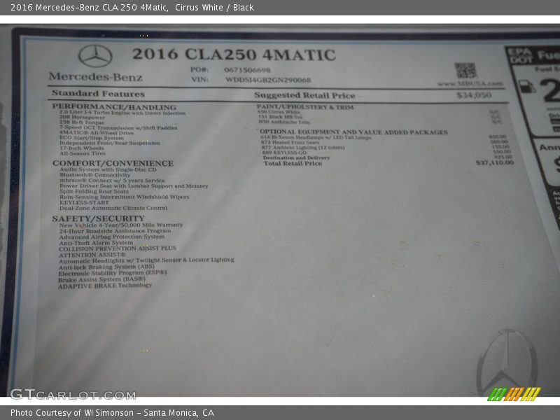  2016 CLA 250 4Matic Window Sticker