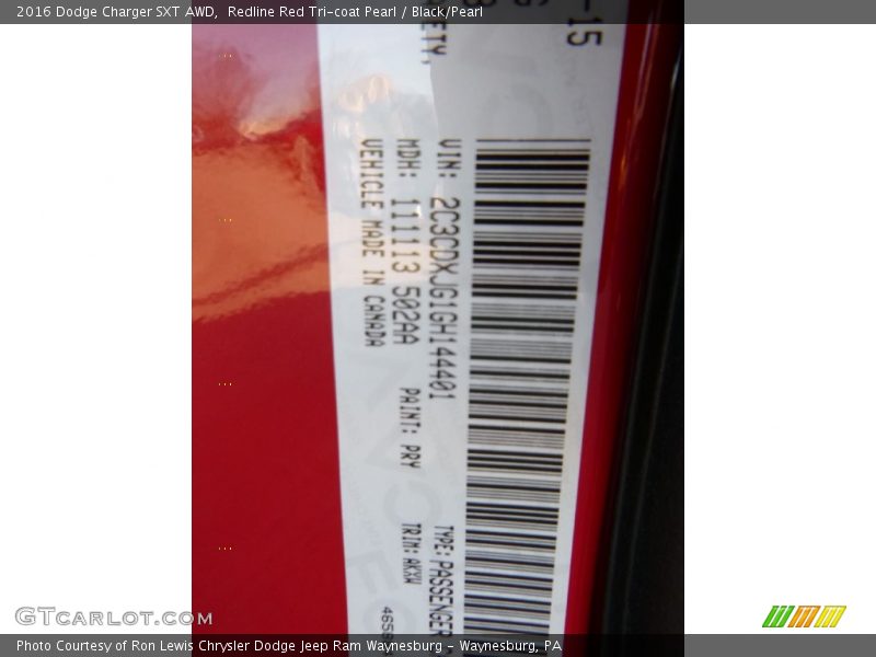 2016 Charger SXT AWD Redline Red Tri-coat Pearl Color Code PRY