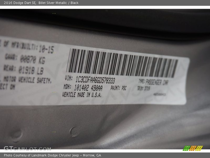 Billet Silver Metallic / Black 2016 Dodge Dart SE