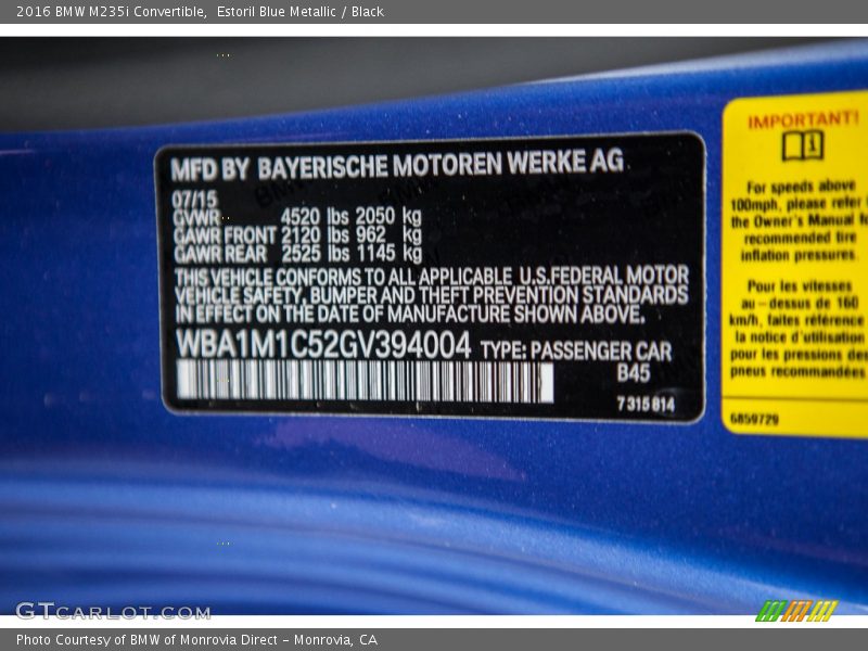 2016 M235i Convertible Estoril Blue Metallic Color Code B45
