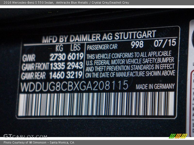 Anthracite Blue Metallic / Crystal Grey/Seashell Grey 2016 Mercedes-Benz S 550 Sedan
