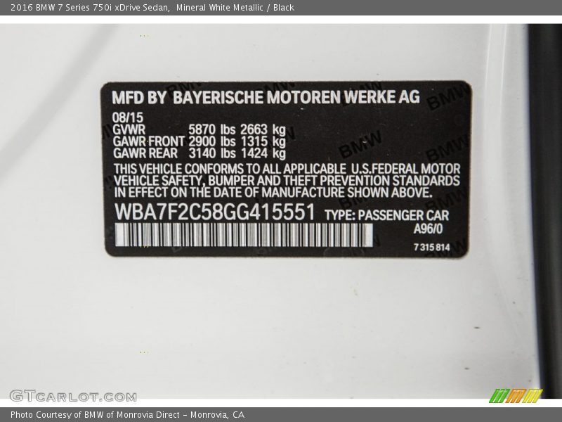 2016 7 Series 750i xDrive Sedan Mineral White Metallic Color Code A96