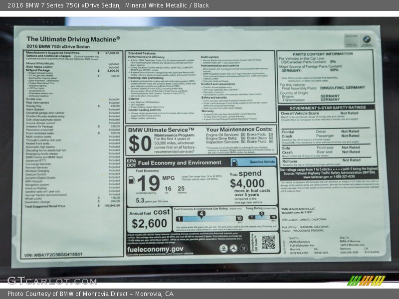 Mineral White Metallic / Black 2016 BMW 7 Series 750i xDrive Sedan