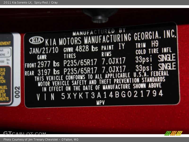Spicy Red / Gray 2011 Kia Sorento LX