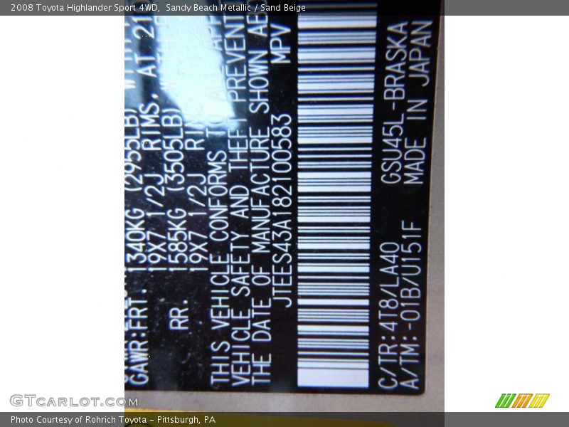Sandy Beach Metallic / Sand Beige 2008 Toyota Highlander Sport 4WD