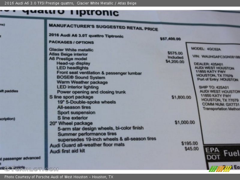 Glacier White Metallic / Atlas Beige 2016 Audi A6 3.0 TFSI Prestige quattro