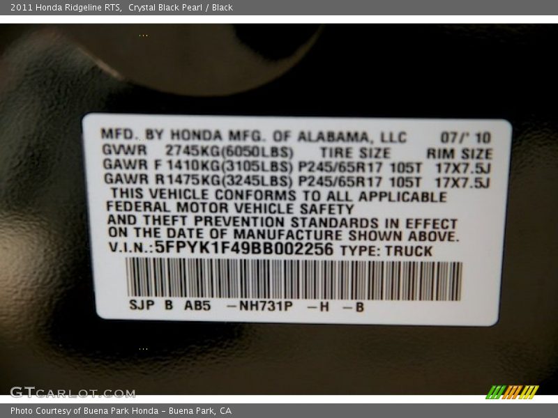 Crystal Black Pearl / Black 2011 Honda Ridgeline RTS