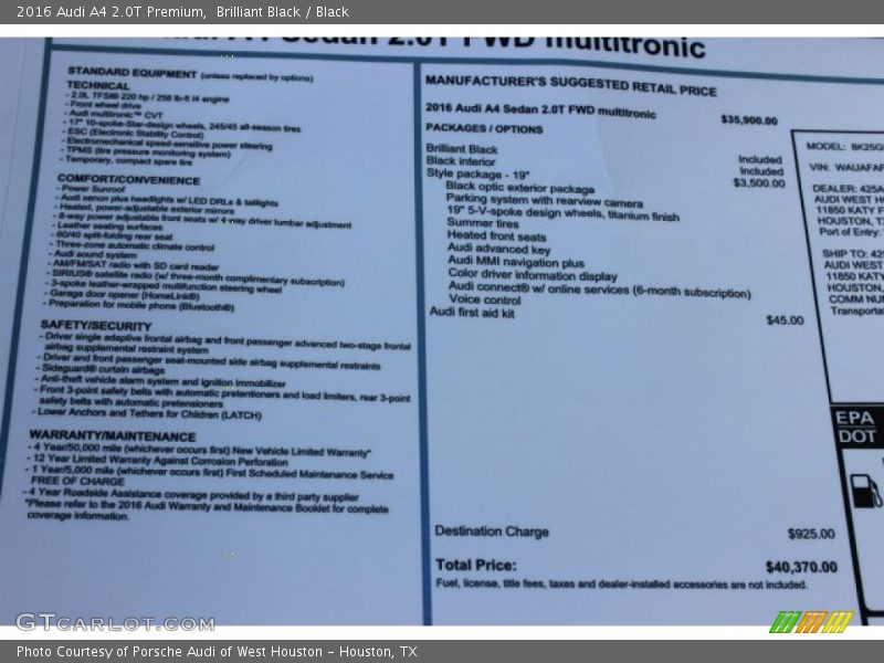 Brilliant Black / Black 2016 Audi A4 2.0T Premium