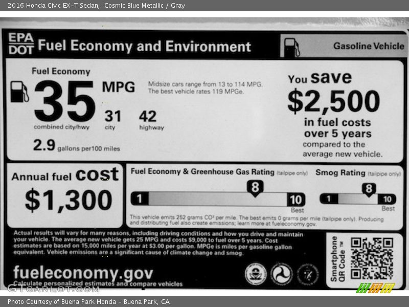 Cosmic Blue Metallic / Gray 2016 Honda Civic EX-T Sedan