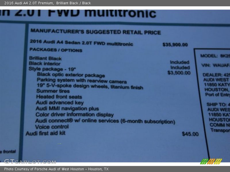  2016 A4 2.0T Premium Window Sticker
