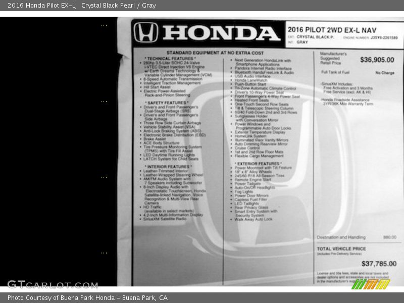 Crystal Black Pearl / Gray 2016 Honda Pilot EX-L