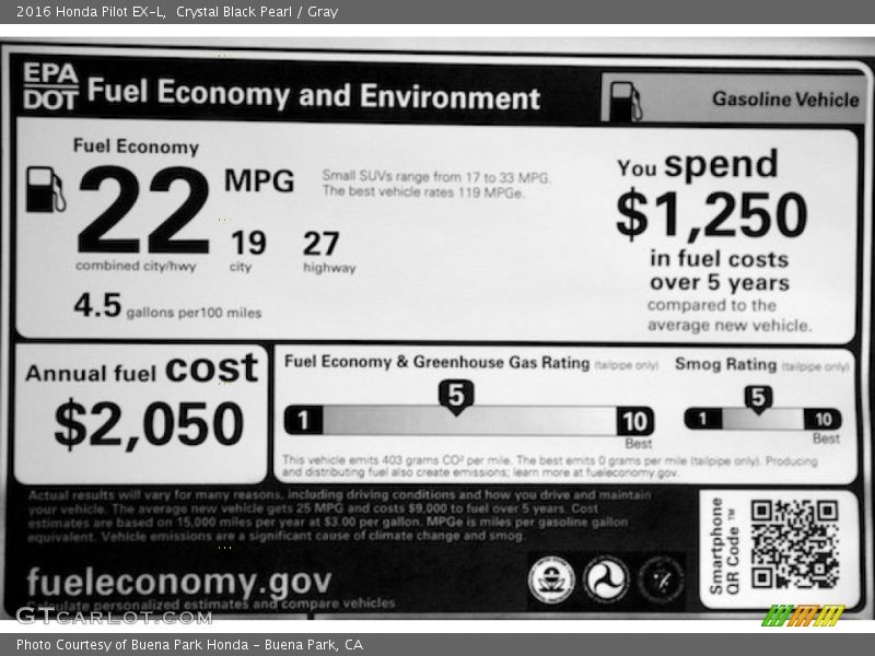 Crystal Black Pearl / Gray 2016 Honda Pilot EX-L