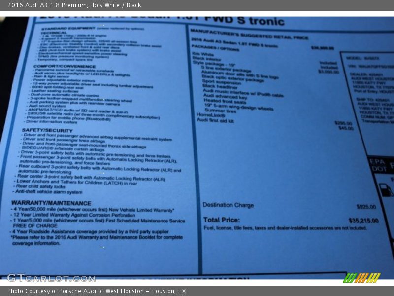 Ibis White / Black 2016 Audi A3 1.8 Premium