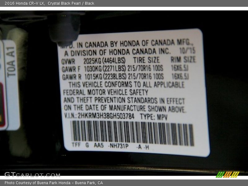 Crystal Black Pearl / Black 2016 Honda CR-V LX