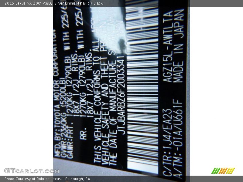 2015 NX 200t AWD Silver Lining Metallic Color Code 1J4