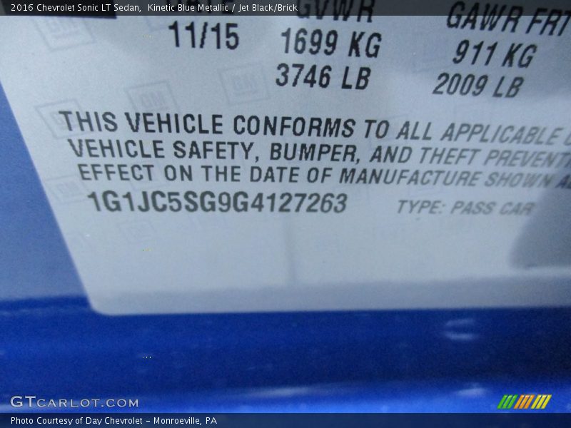 Kinetic Blue Metallic / Jet Black/Brick 2016 Chevrolet Sonic LT Sedan