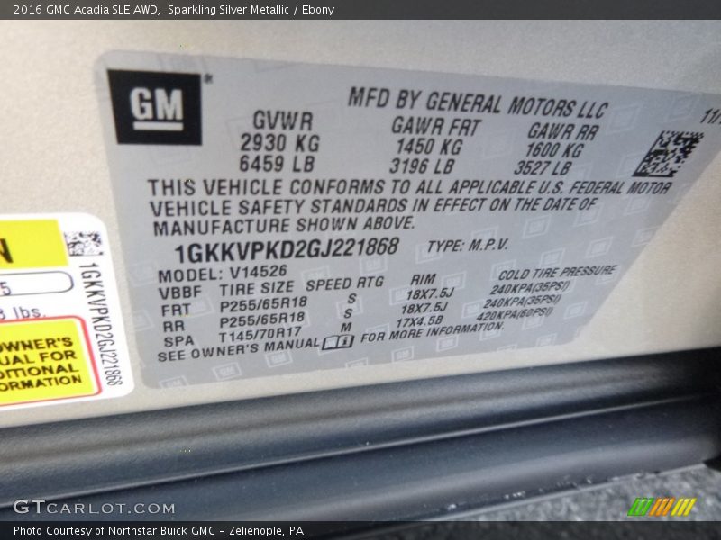 Sparkling Silver Metallic / Ebony 2016 GMC Acadia SLE AWD