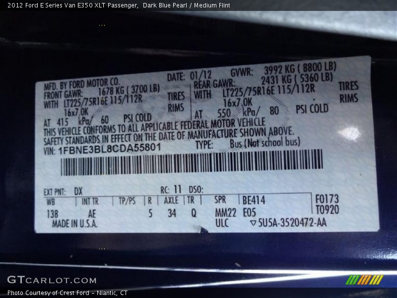 Dark Blue Pearl / Medium Flint 2012 Ford E Series Van E350 XLT Passenger