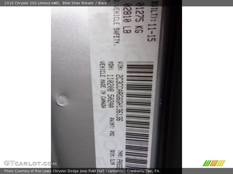 Billet Silver Metallic / Black 2016 Chrysler 300 Limited AWD
