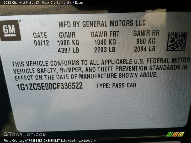 Black Granite Metallic / Ebony 2012 Chevrolet Malibu LT