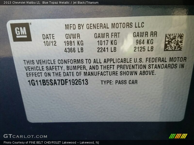 Blue Topaz Metallic / Jet Black/Titanium 2013 Chevrolet Malibu LS