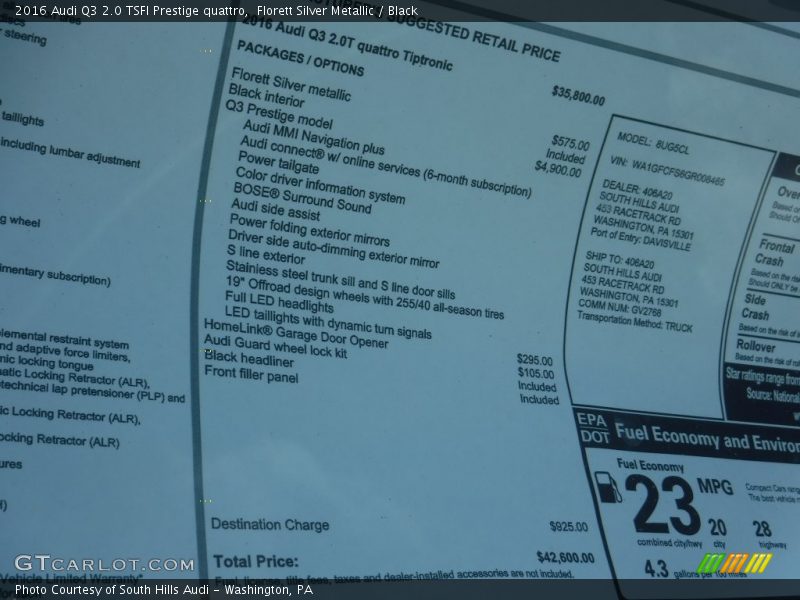  2016 Q3 2.0 TSFI Prestige quattro Window Sticker