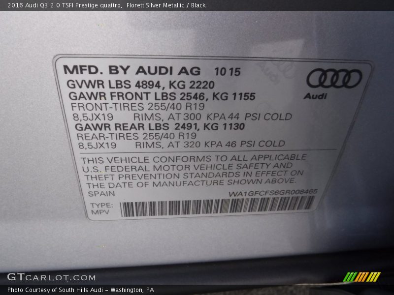 Florett Silver Metallic / Black 2016 Audi Q3 2.0 TSFI Prestige quattro