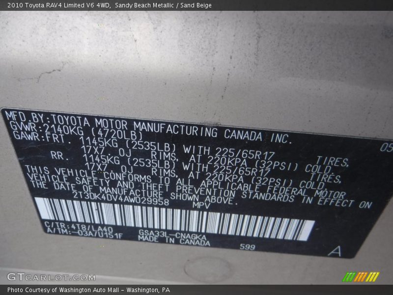 Sandy Beach Metallic / Sand Beige 2010 Toyota RAV4 Limited V6 4WD