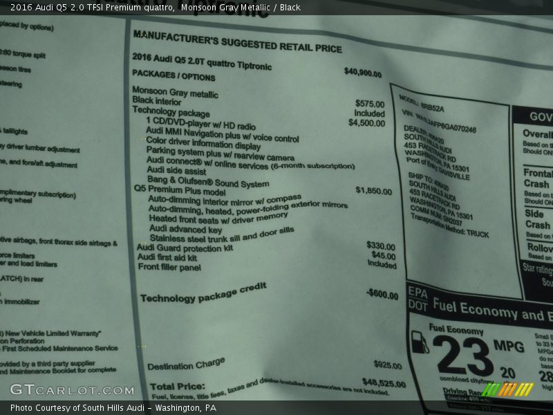 Monsoon Gray Metallic / Black 2016 Audi Q5 2.0 TFSI Premium quattro