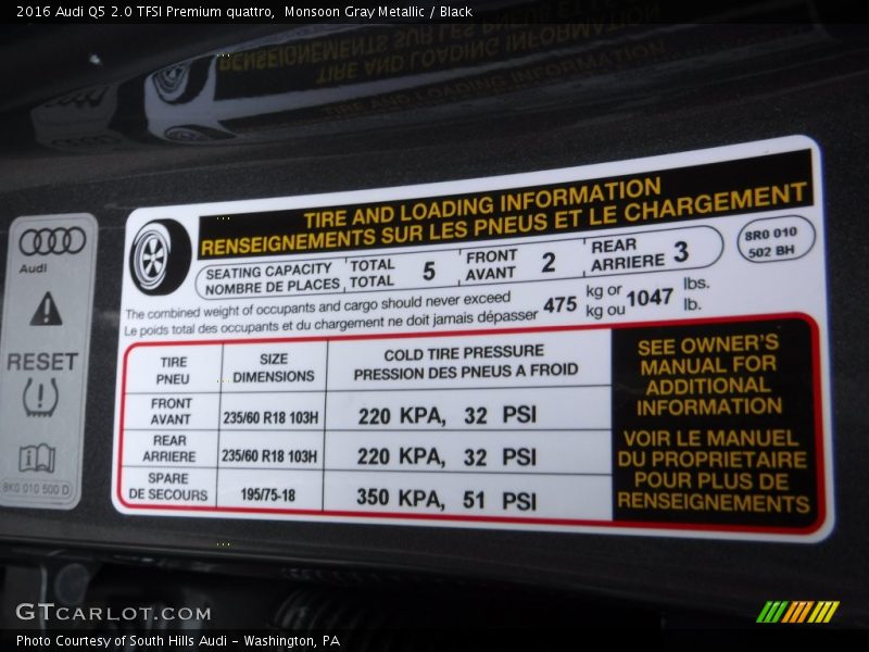 Monsoon Gray Metallic / Black 2016 Audi Q5 2.0 TFSI Premium quattro