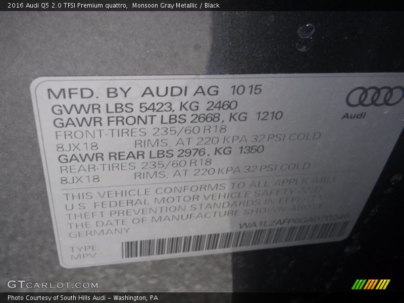 Monsoon Gray Metallic / Black 2016 Audi Q5 2.0 TFSI Premium quattro