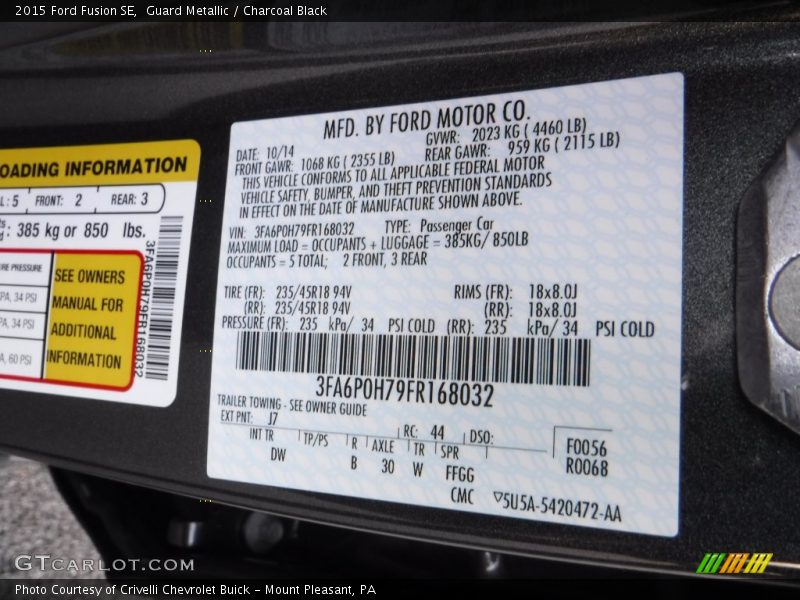 Guard Metallic / Charcoal Black 2015 Ford Fusion SE