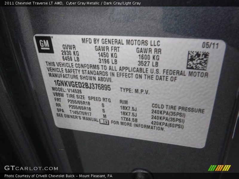 Cyber Gray Metallic / Dark Gray/Light Gray 2011 Chevrolet Traverse LT AWD